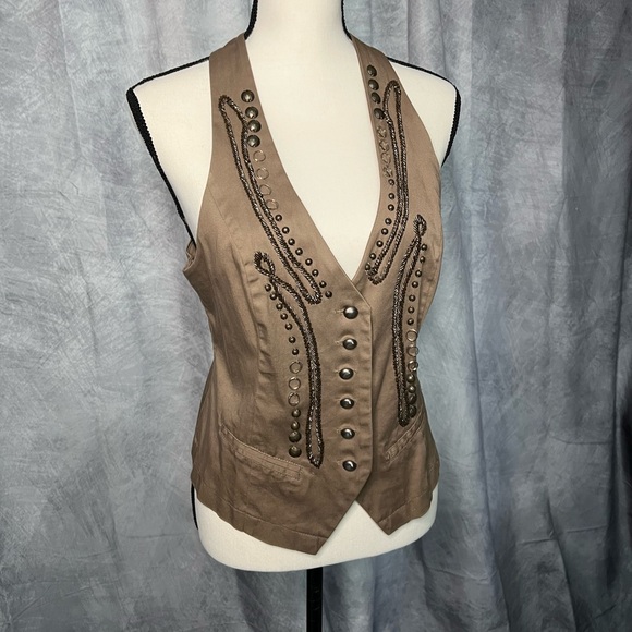 LUCY PARIS Brown Steam Punk Victorian Style Vest with Brass Look Buttons & Beads - Picture 2 of 14